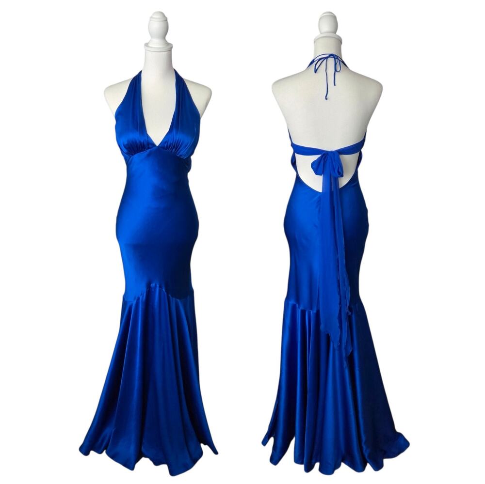 Vintage Cache Y2K Silk Maxi Halter Dress 4 Blue Bias Cut Mermaid Glam Cocktail